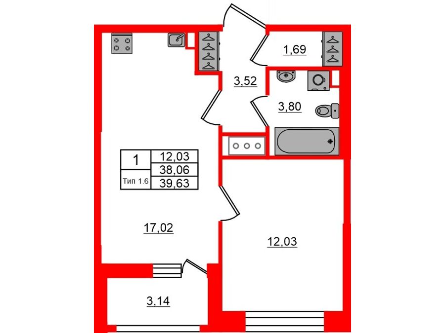 1-комнатная квартира, 38.06 м²; этаж: 15 - купить в Санкт-Петербурге