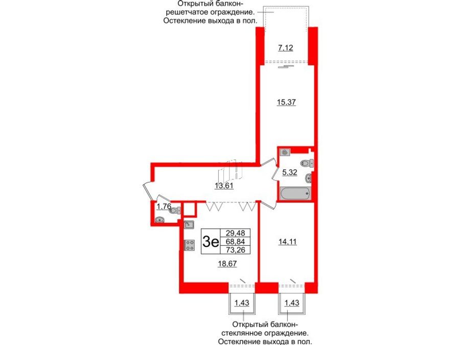 2-комнатная квартира, 68.84 м²; этаж: 7 - купить в Санкт-Петербурге