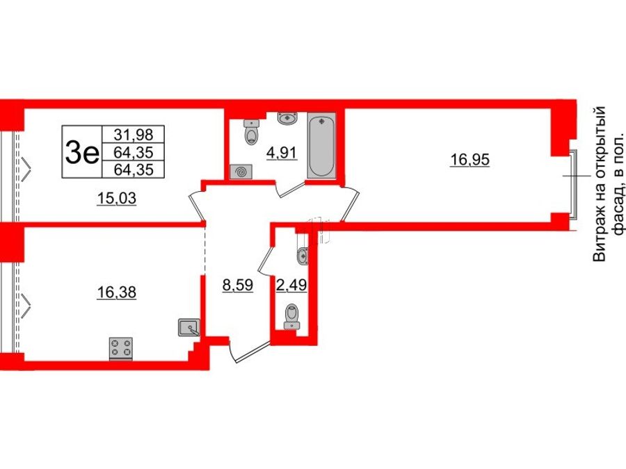 2-комнатная квартира, 64.35 м²; этаж: 3 - купить в Санкт-Петербурге