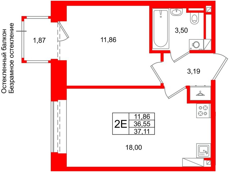 1-комнатная квартира, 36.55 м²; этаж: 4 - купить в Санкт-Петербурге