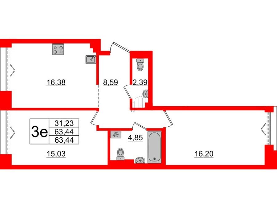 2-комнатная квартира, 63.44 м²; этаж: 4 - купить в Санкт-Петербурге
