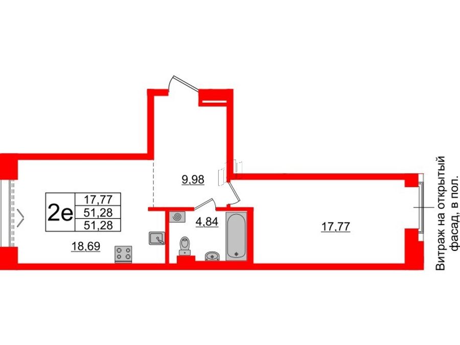 1-комнатная квартира № в: IMPERIAL CLUB: 51.28 м²; этаж: 2 - купить в Санкт-Петербурге