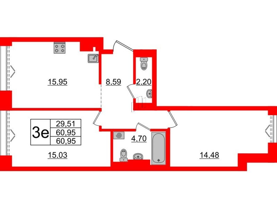 2-комнатная квартира, 60.95 м²; этаж: 7 - купить в Санкт-Петербурге