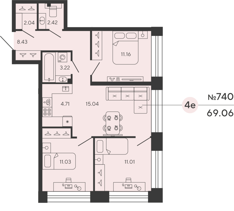 3-комнатная квартира, 69.06 м²; этаж: 3 - купить в Санкт-Петербурге