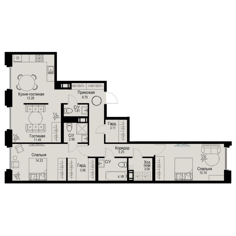 2-комнатная квартира  №490 в ID Petrogradskaya: 87.83 м², этаж 3 - купить в Санкт-Петербурге