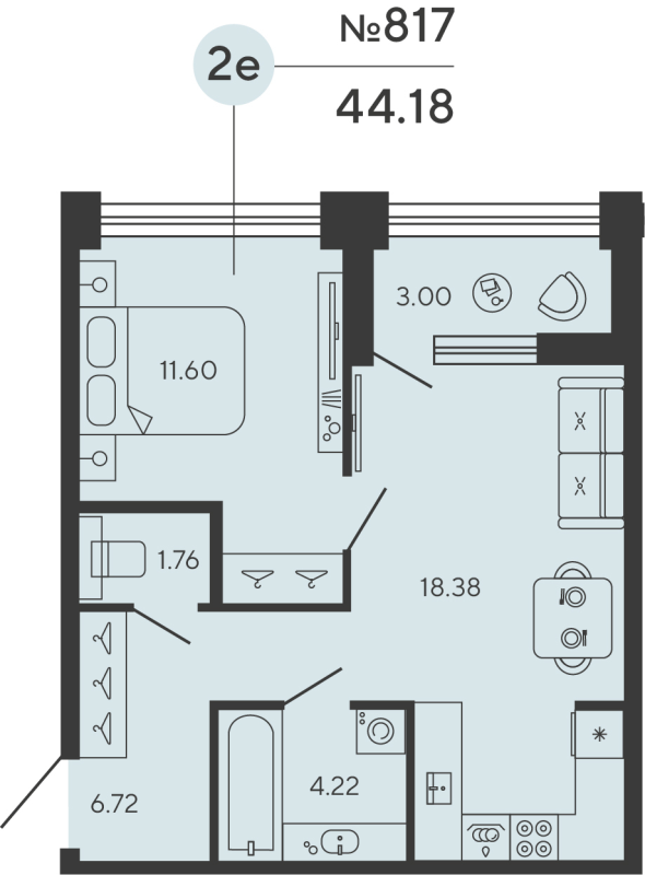 1-комнатная квартира, 44.18 м²; этаж: 3 - купить в Санкт-Петербурге