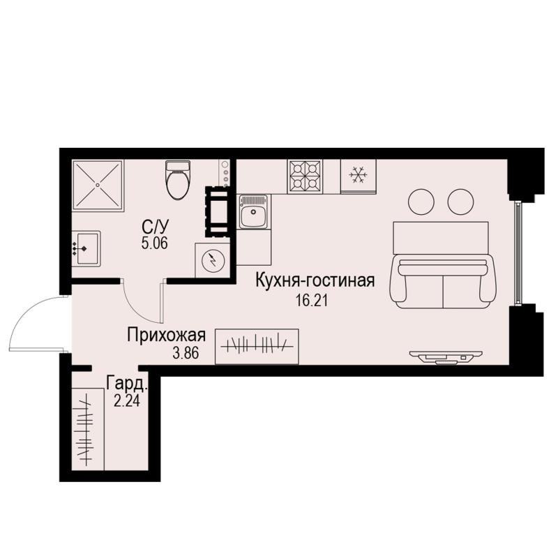 1-комнатная квартира №488 в ID Petrogradskaya 1-й корпус: 27.37 м², этаж 3 - купить в Санкт-Петербурге
