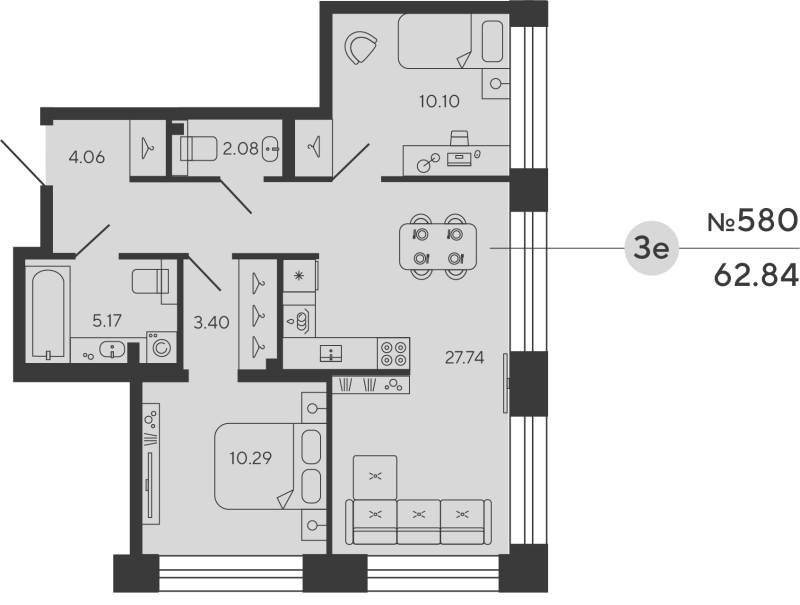 2-комнатная квартира, 62.84 м²; этаж: 3 - купить в Санкт-Петербурге