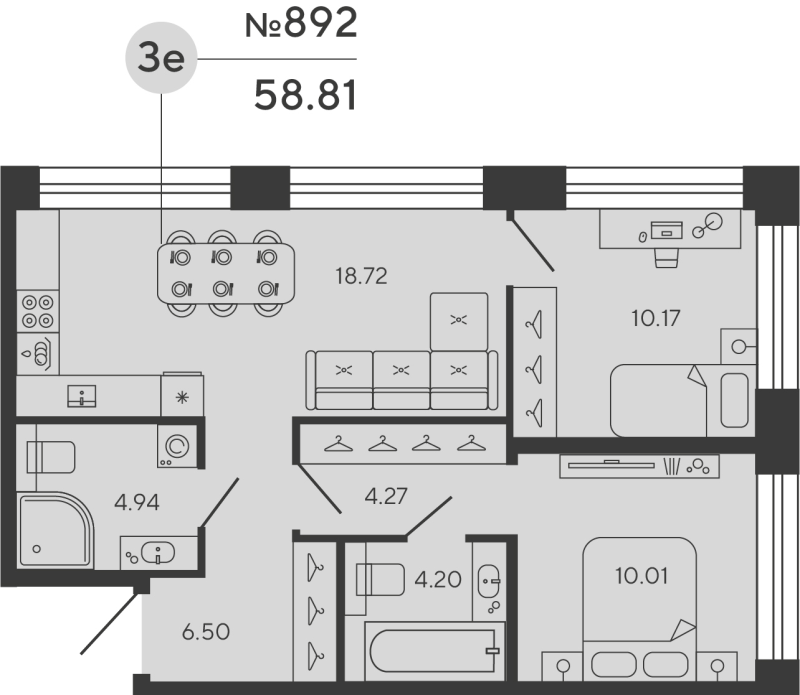 2-комнатная квартира, 58.81 м²; этаж: 3 - купить в Санкт-Петербурге