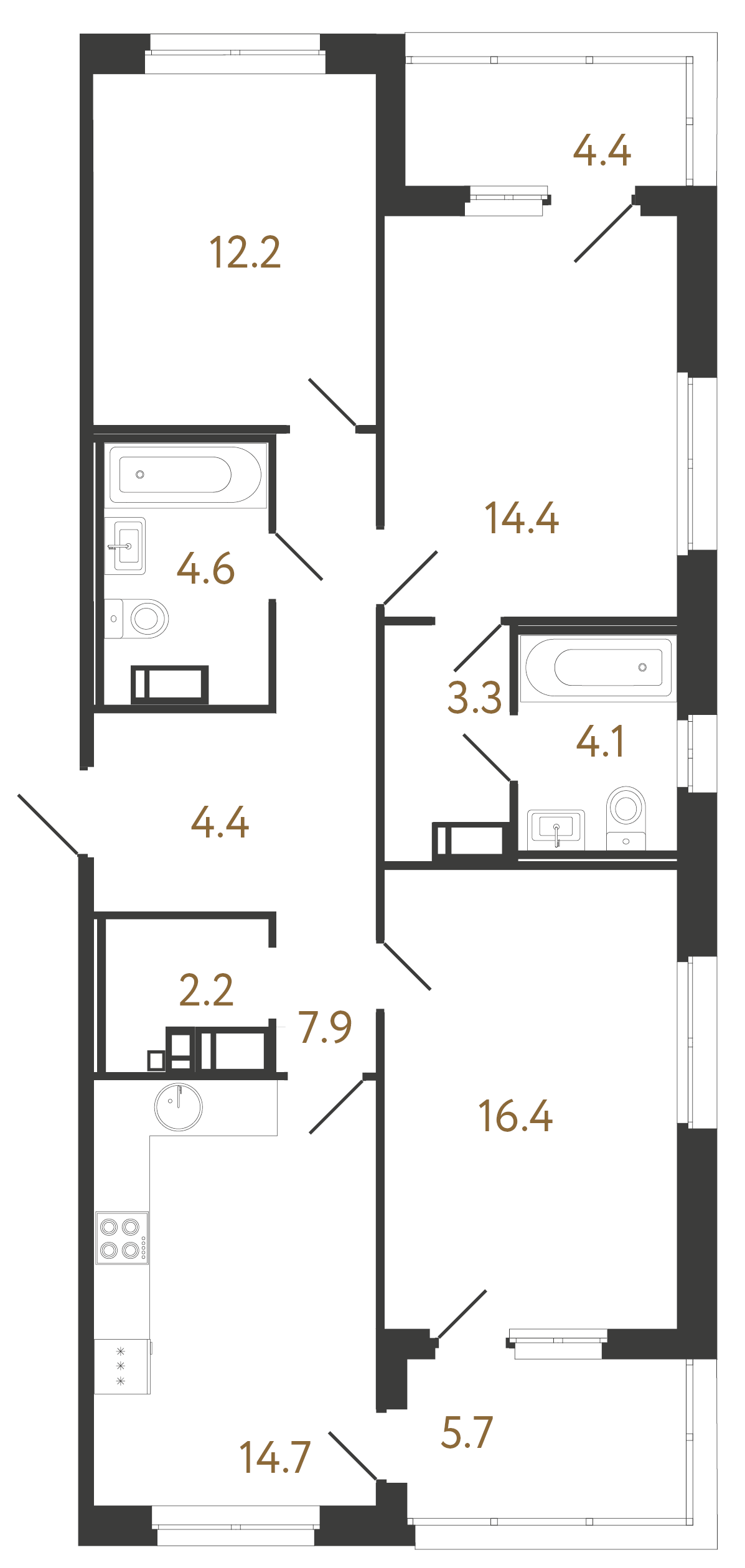 3-комнатная квартира №6 в: Литера: 84.2 м²; этаж: 11 - купить в Санкт-Петербурге