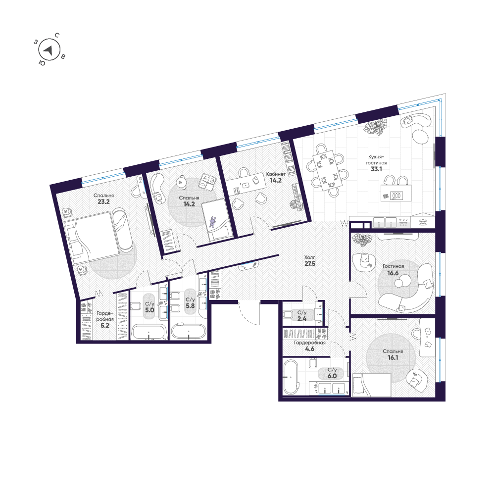 5-комнатная квартира  №435 в ЛДМ: 173.9 м², этаж 4 - купить в Санкт-Петербурге