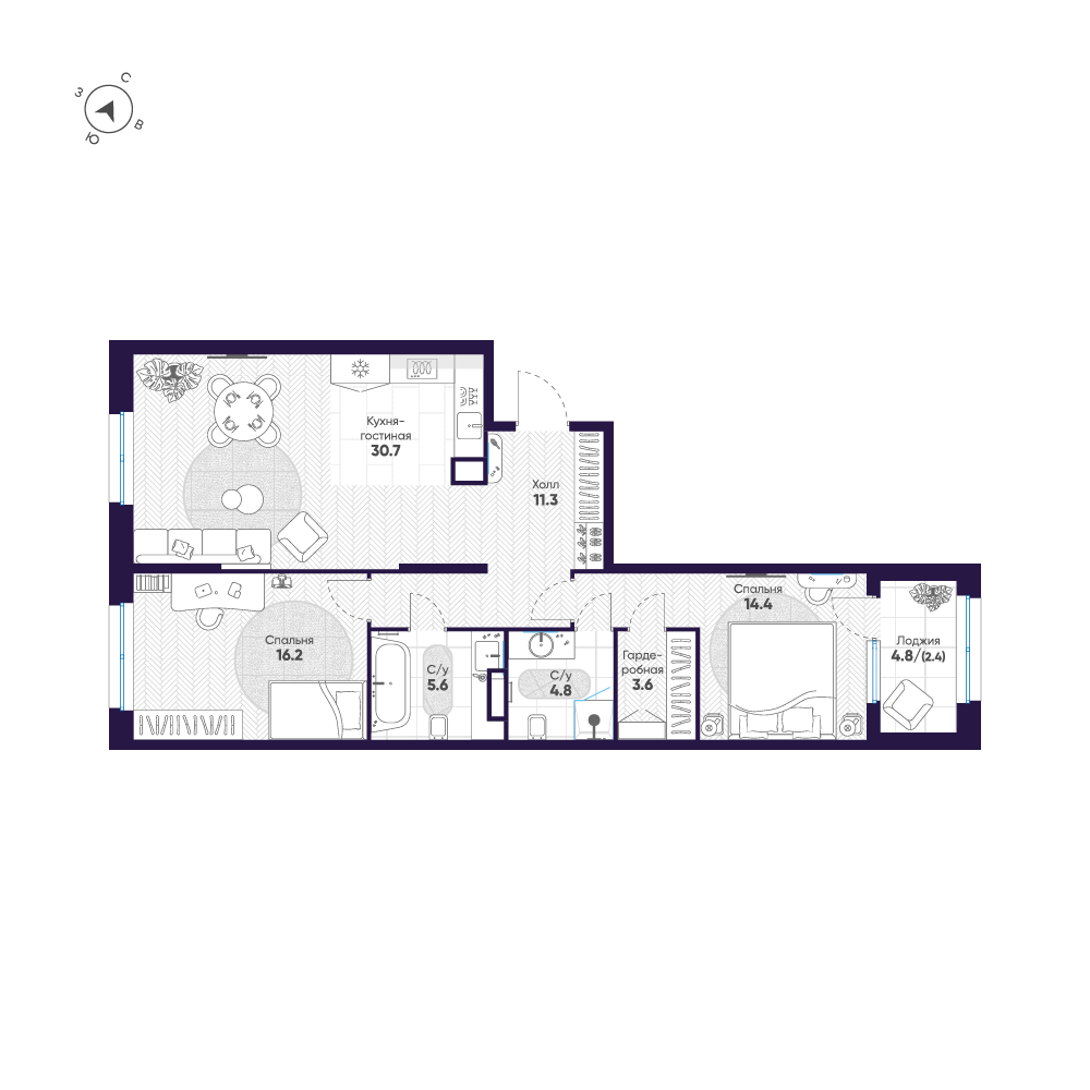 2-комнатная квартира  №128 в ЛДМ: 89 м², этаж 5 - купить в Санкт-Петербурге