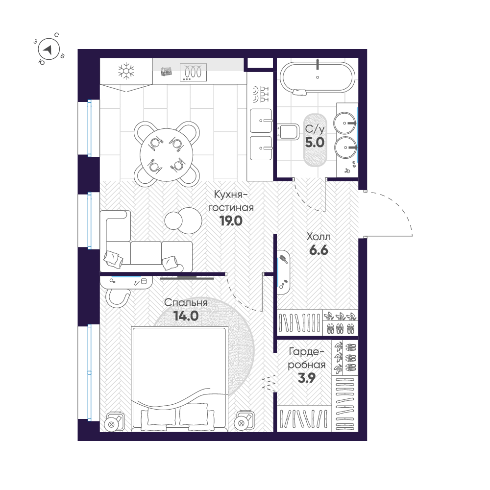 1-комнатная квартира  №76 в ЛДМ: 48.5 м², этаж 5 - купить в Санкт-Петербурге