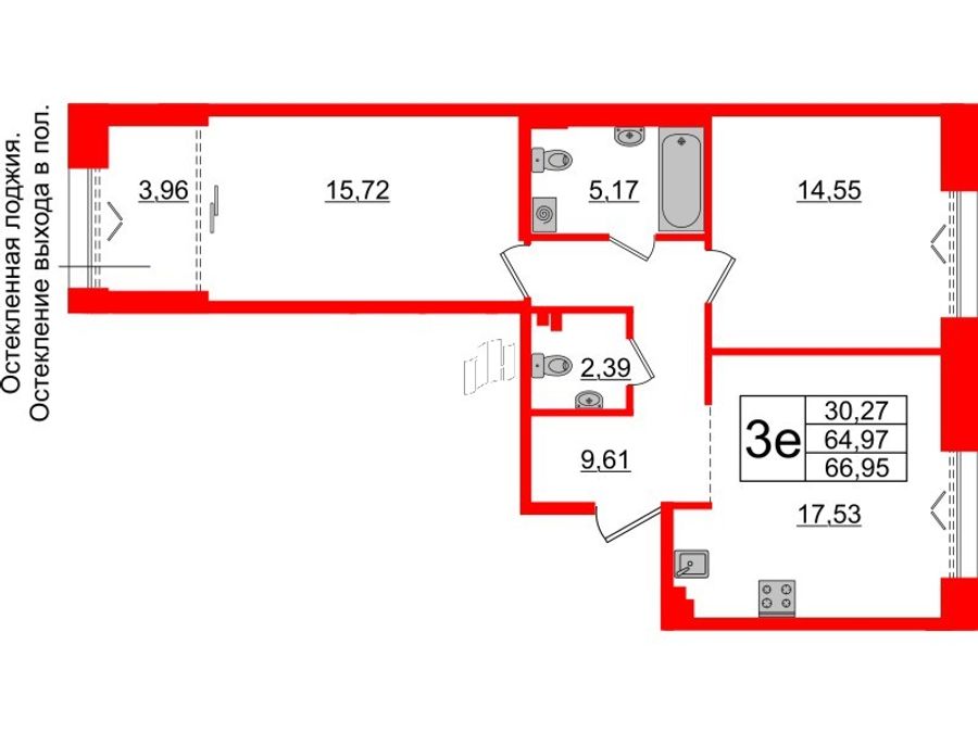 2-комнатная квартира №553 в Imperial club 1-й корпус: 64.97 м², этаж 3 - купить в Санкт-Петербурге