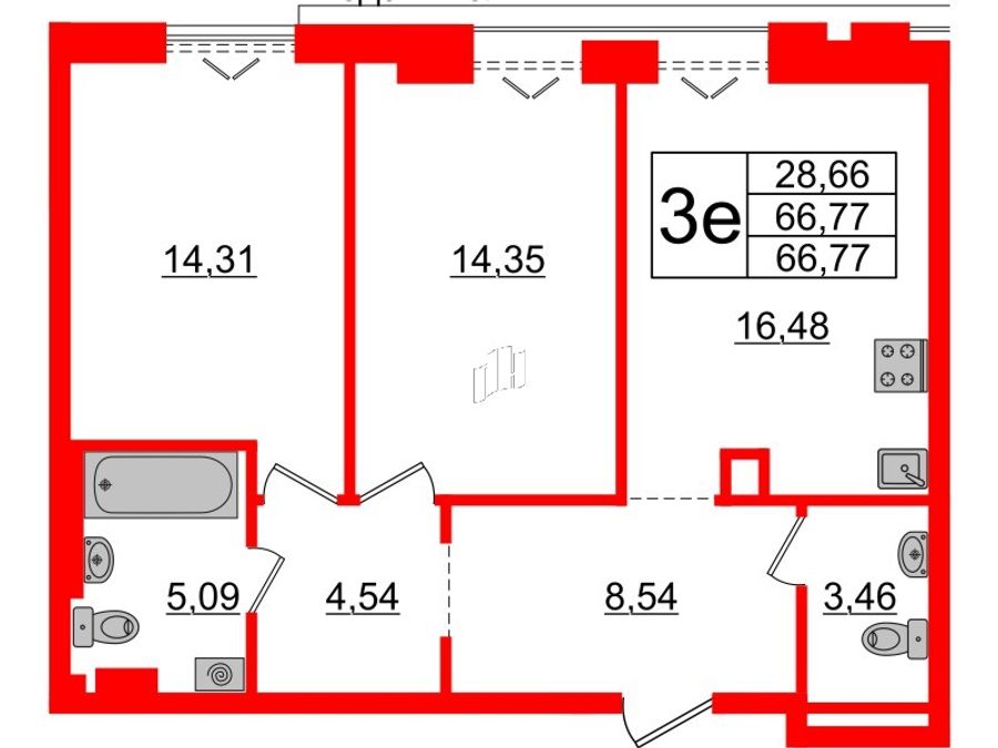 2-комнатная квартира, 66.77 м²; этаж: 6 - купить в Санкт-Петербурге