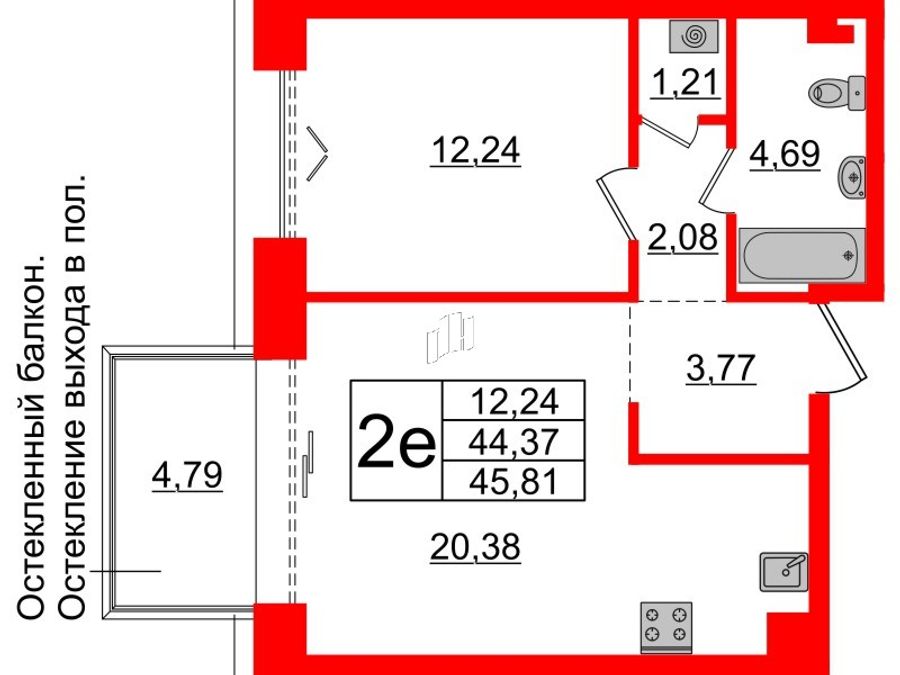 1-комнатная квартира, 44.37 м²; этаж: 4 - купить в Санкт-Петербурге