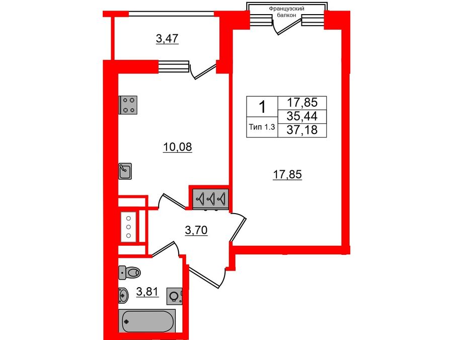 1-комнатная квартира, 35.44 м²; этаж: 11 - купить в Санкт-Петербурге