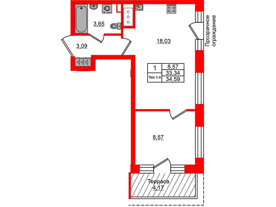1-комнатная квартира, 33.34 м²; этаж: 12 - купить в Санкт-Петербурге