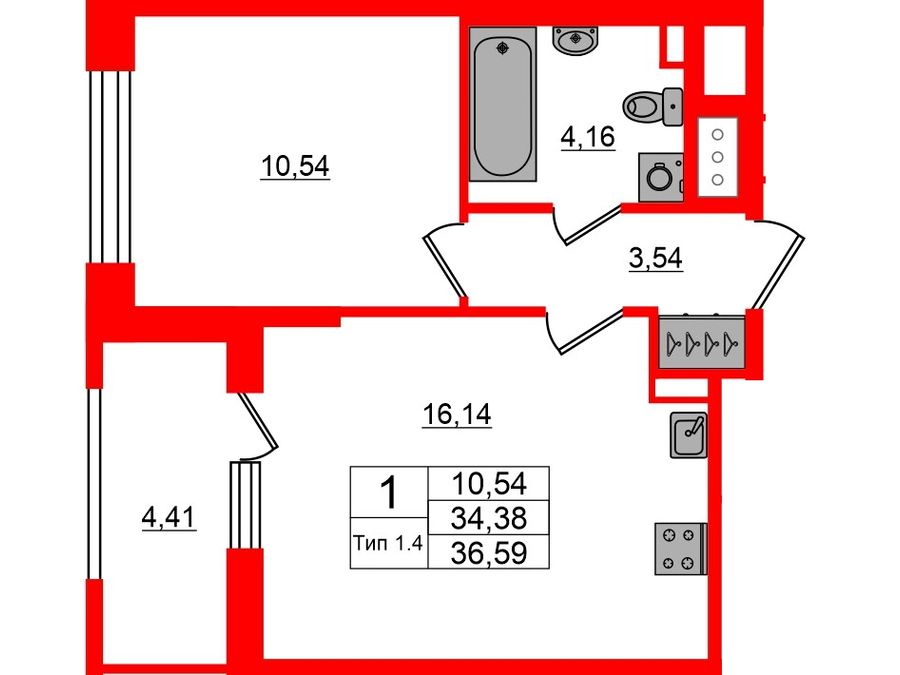 1-комнатная квартира, 34.38 м²; этаж: 11 - купить в Санкт-Петербурге