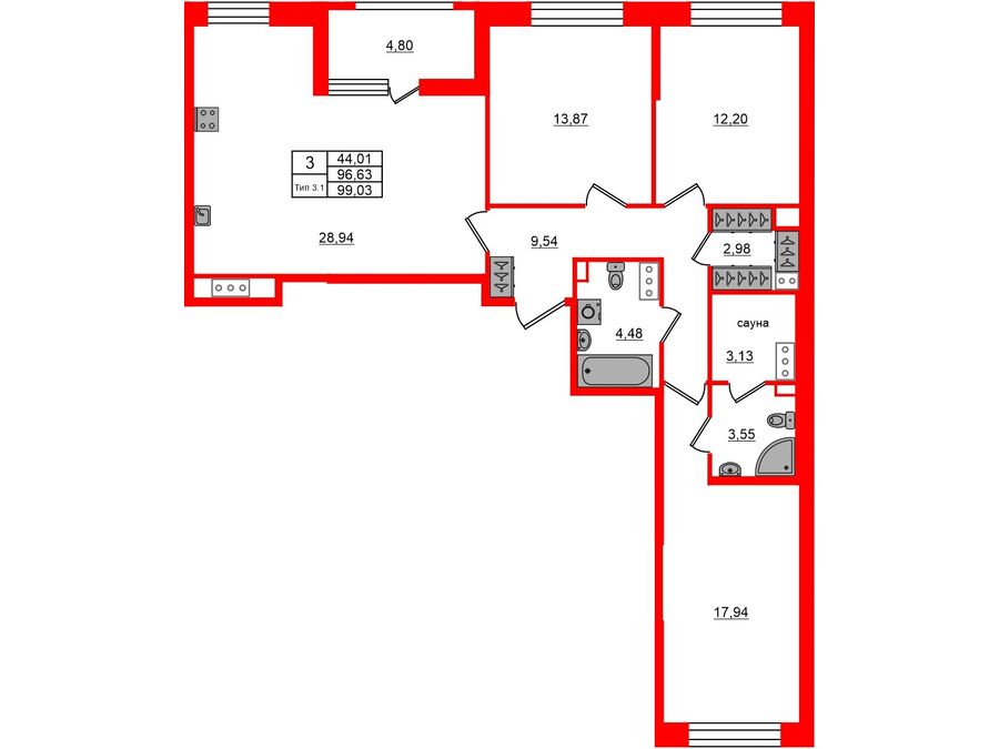 3-комнатная квартира № в: Setl Ривьера: 96.63 м²; этаж: 6 - купить в Санкт-Петербурге