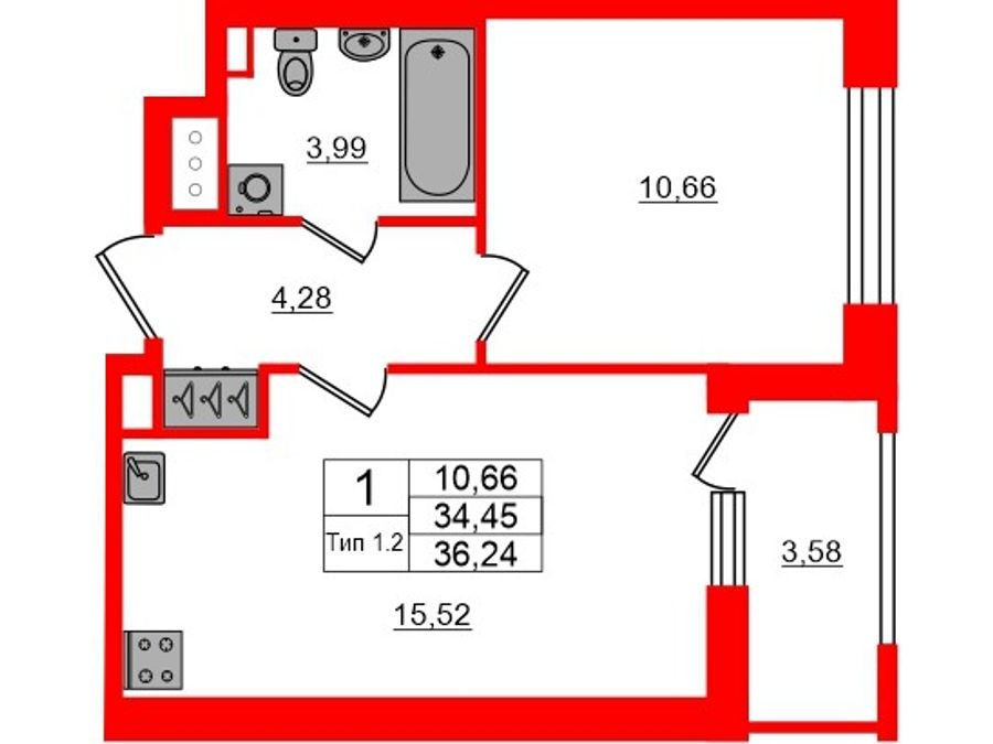 1-комнатная квартира, 34.45 м²; этаж: 6 - купить в Санкт-Петербурге