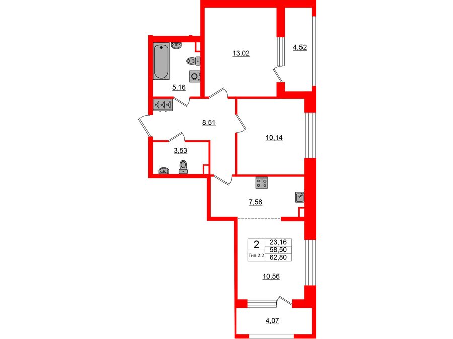 2-комнатная квартира, 58.5 м²; этаж: 2 - купить в Санкт-Петербурге