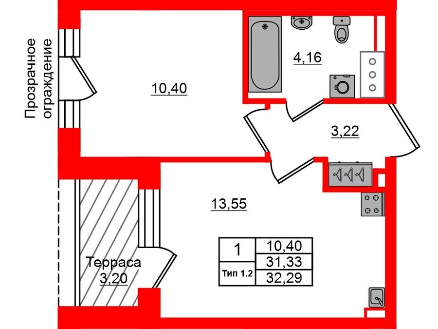 1-комнатная квартира, 31.33 м²; этаж: 12 - купить в Санкт-Петербурге