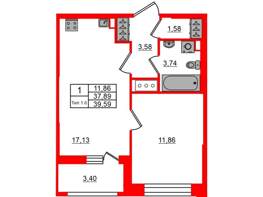 1-комнатная квартира, 37.89 м²; этаж: 4 - купить в Санкт-Петербурге