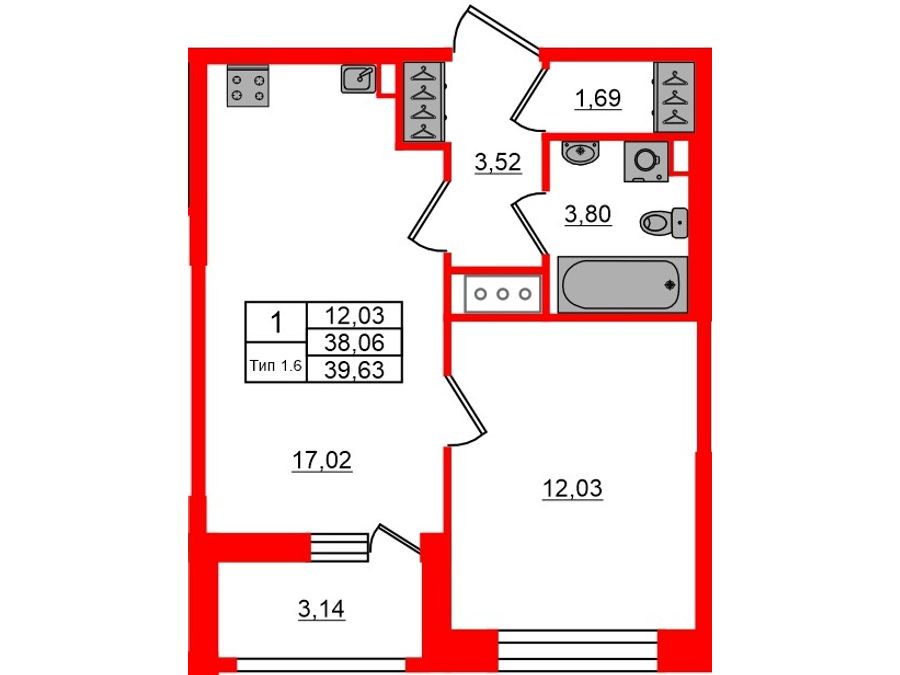 1-комнатная квартира, 38.06 м²; этаж: 6 - купить в Санкт-Петербурге