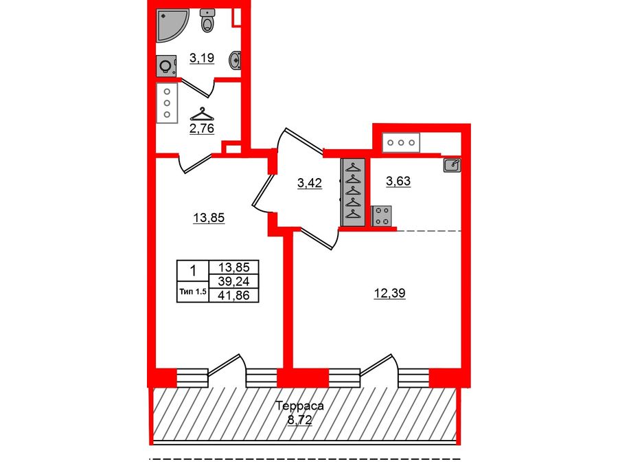 1-комнатная квартира, 39.24 м²; этаж: 12 - купить в Санкт-Петербурге