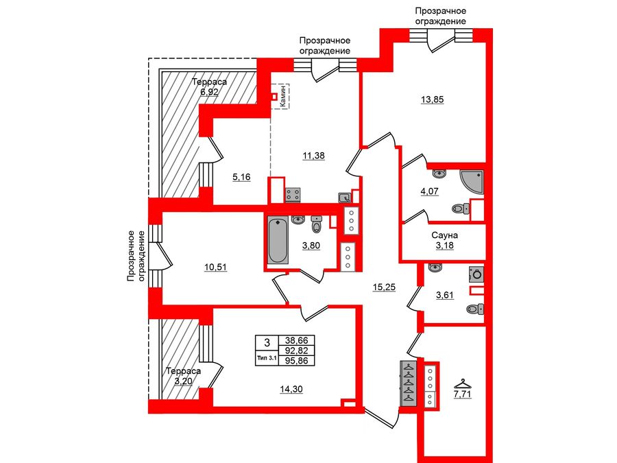 3-комнатная квартира № в: Setl Ривьера: 92.82 м²; этаж: 12 - купить в Санкт-Петербурге