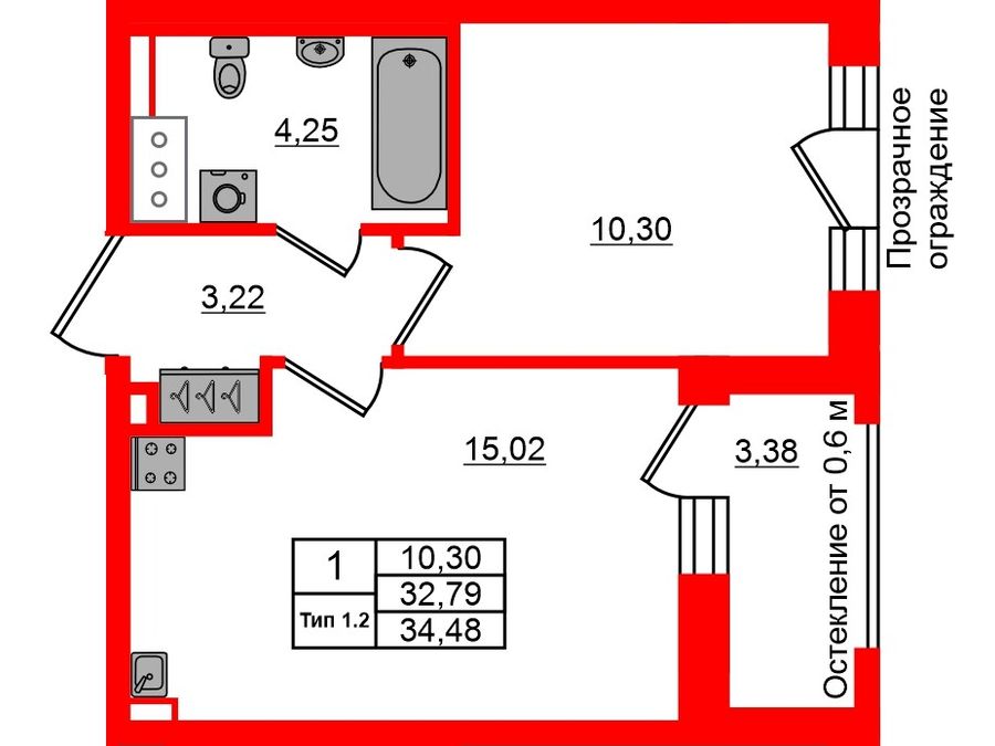 1-комнатная квартира, 32.79 м²; этаж: 12 - купить в Санкт-Петербурге