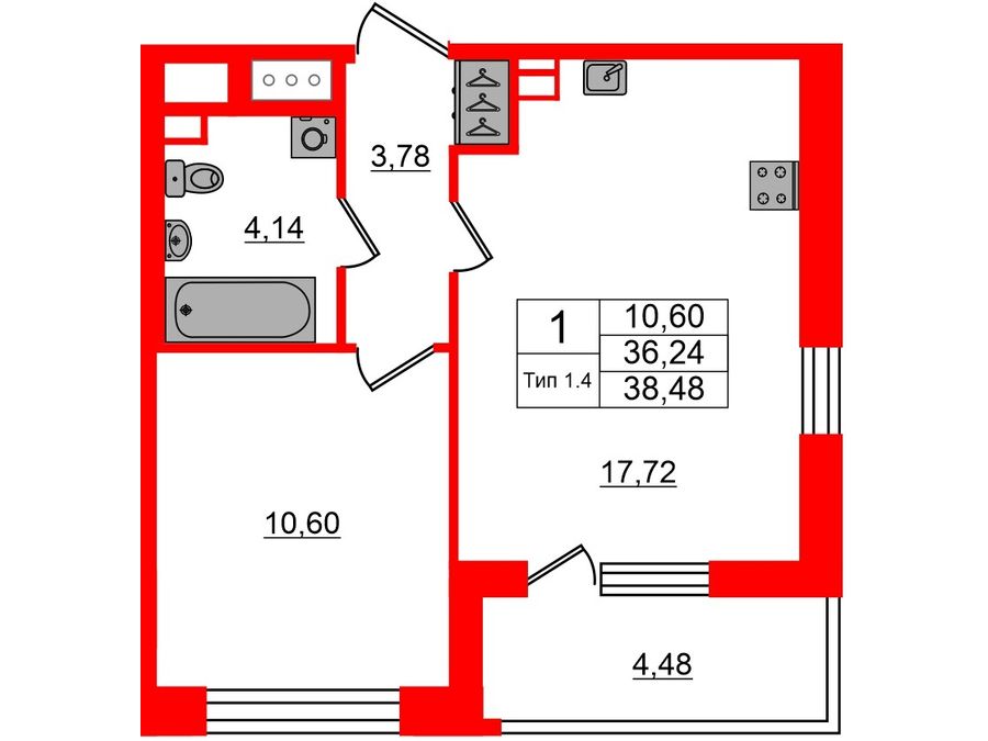 1-комнатная квартира, 36.24 м²; этаж: 10 - купить в Санкт-Петербурге