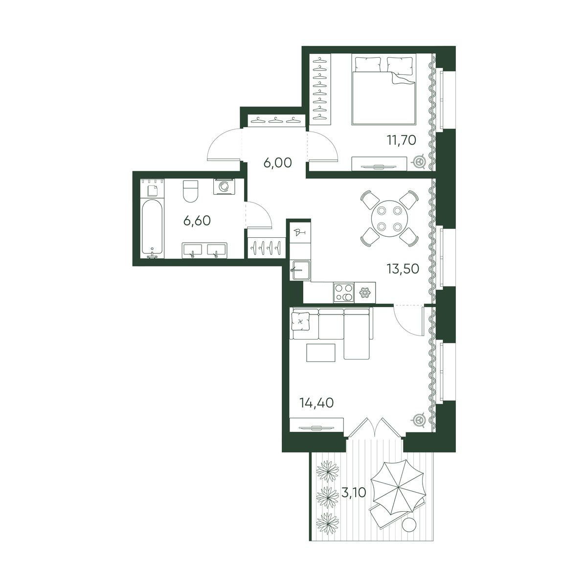 3-комнатная квартира №88 в Моисеенко, 10 3-й корпус: 55.3 м², этаж 2 - купить в Санкт-Петербурге