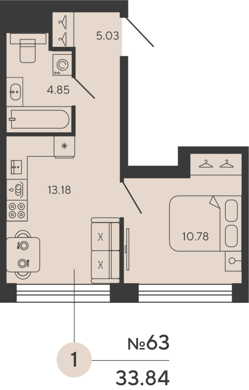 1-комнатная квартира, 33.84 м²; этаж: 9 - купить в Санкт-Петербурге
