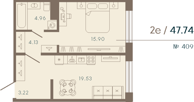 1-комнатная квартира №409 в 17/33 Петровский остров 2-й корпус: 47.74 м², этаж 6 - купить в Санкт-Петербурге