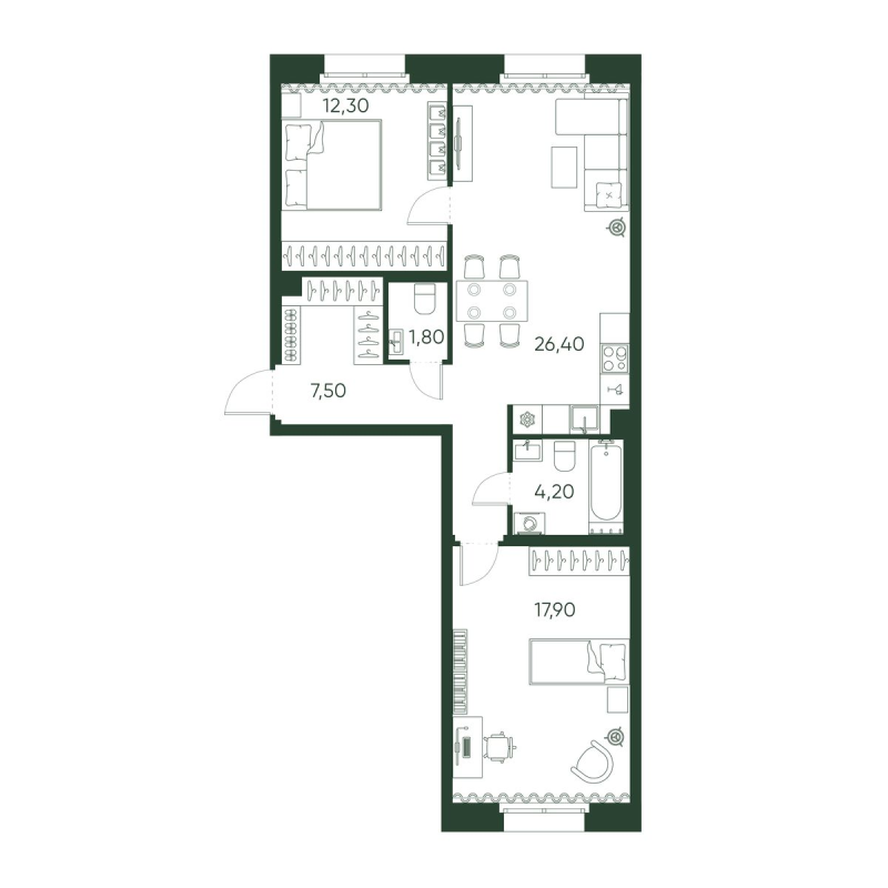 2-комнатная квартира  №31 в Моисеенко, 10: 70.1 м², этаж 2 - купить в Санкт-Петербурге