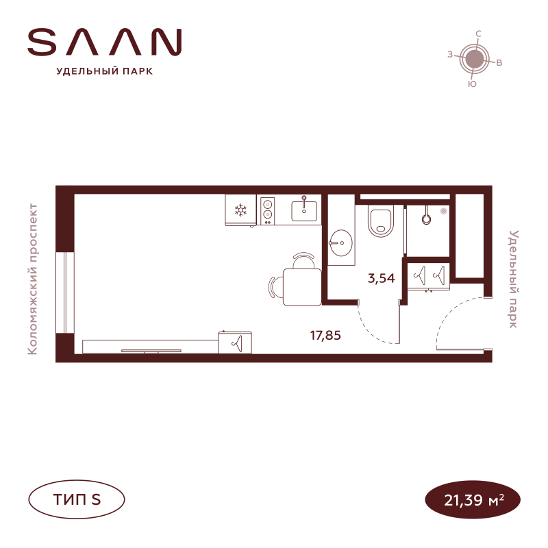 1-комнатная квартира, 21.31 м²; этаж: 22 - купить в Санкт-Петербурге