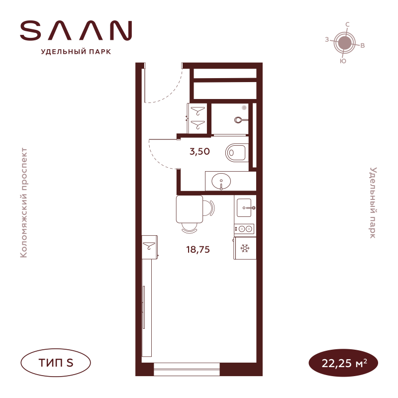 1-комнатная квартира №19 в: Saan: 22.31 м²; этаж: 22 - купить в Санкт-Петербурге