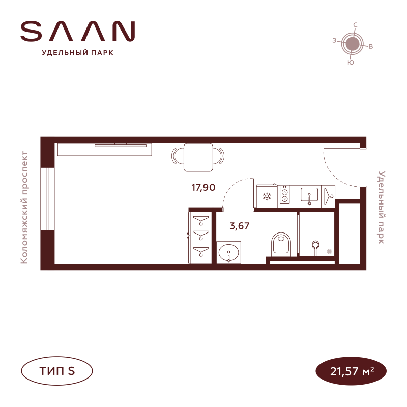 1-комнатная квартира, 21.52 м²; этаж: 22 - купить в Санкт-Петербурге