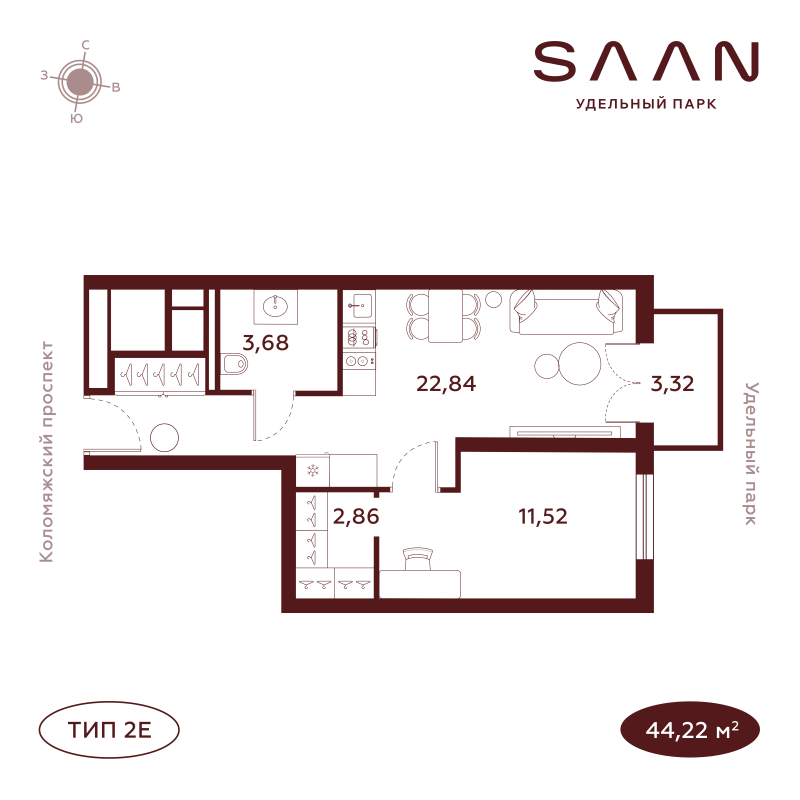 1-комнатная квартира, 43.94 м²; этаж: 9 - купить в Санкт-Петербурге