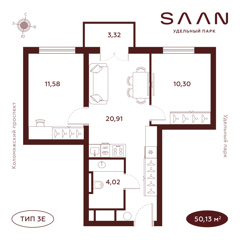 2-комнатная квартира №19 в: Saan: 50.15 м²; этаж: 9 - купить в Санкт-Петербурге