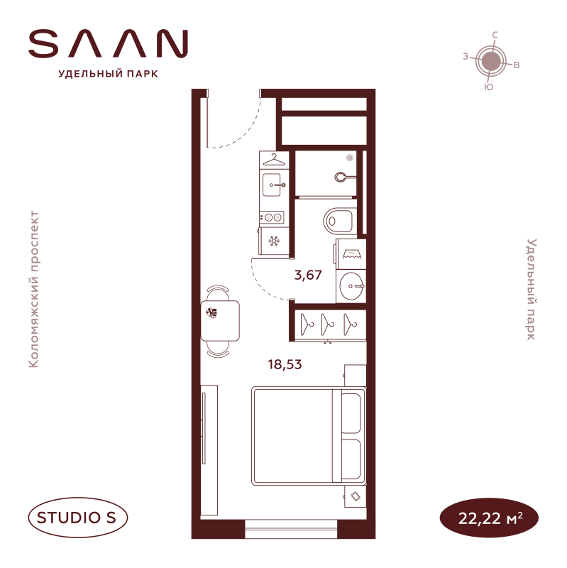 1-комнатная квартира №19 в: Saan: 22.2 м²; этаж: 22 - купить в Санкт-Петербурге