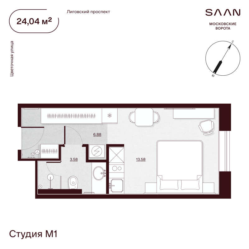 1-комнатная квартира, 24.48 м²; этаж: 9 - купить в Санкт-Петербурге