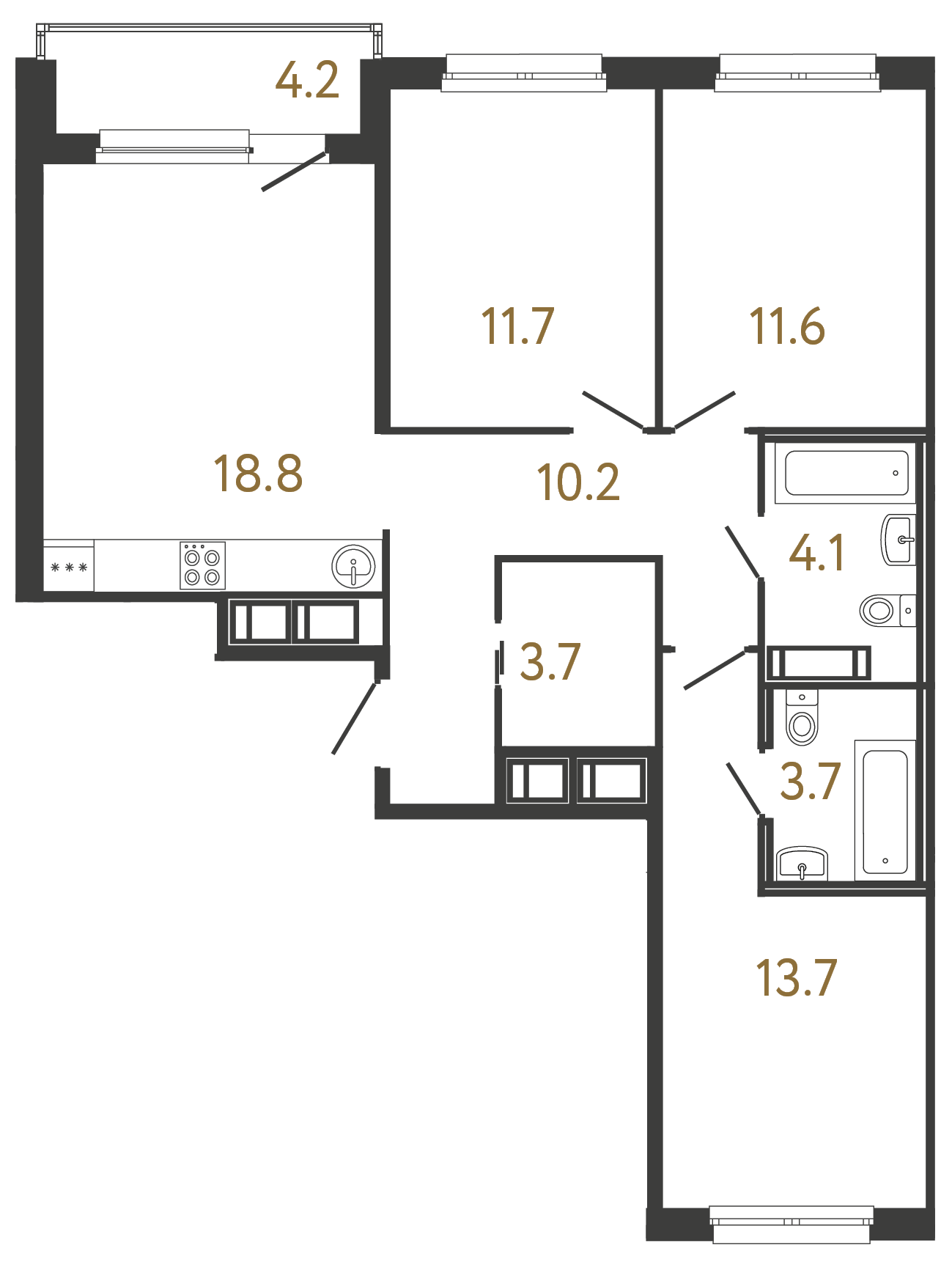 3-комнатная квартира №118 в: Передвижники: 77.5 м²; этаж: 10 - купить в Санкт-Петербурге