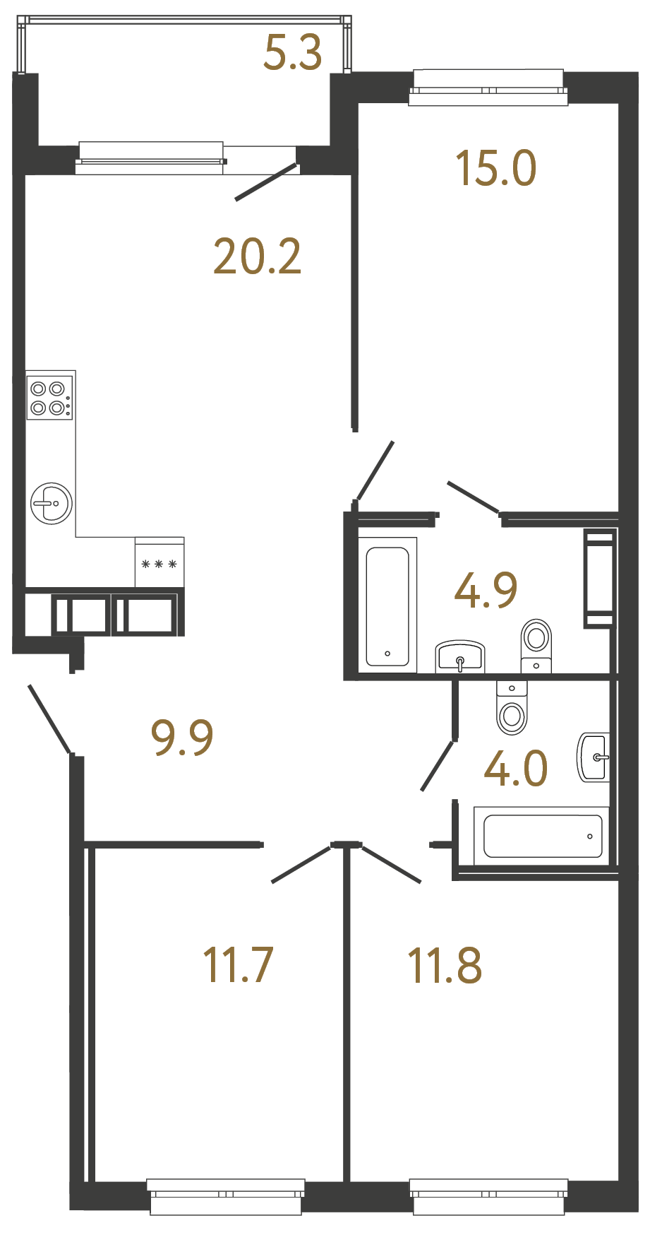 3-комнатная квартира №118 в: Передвижники: 77.5 м²; этаж: 11 - купить в Санкт-Петербурге