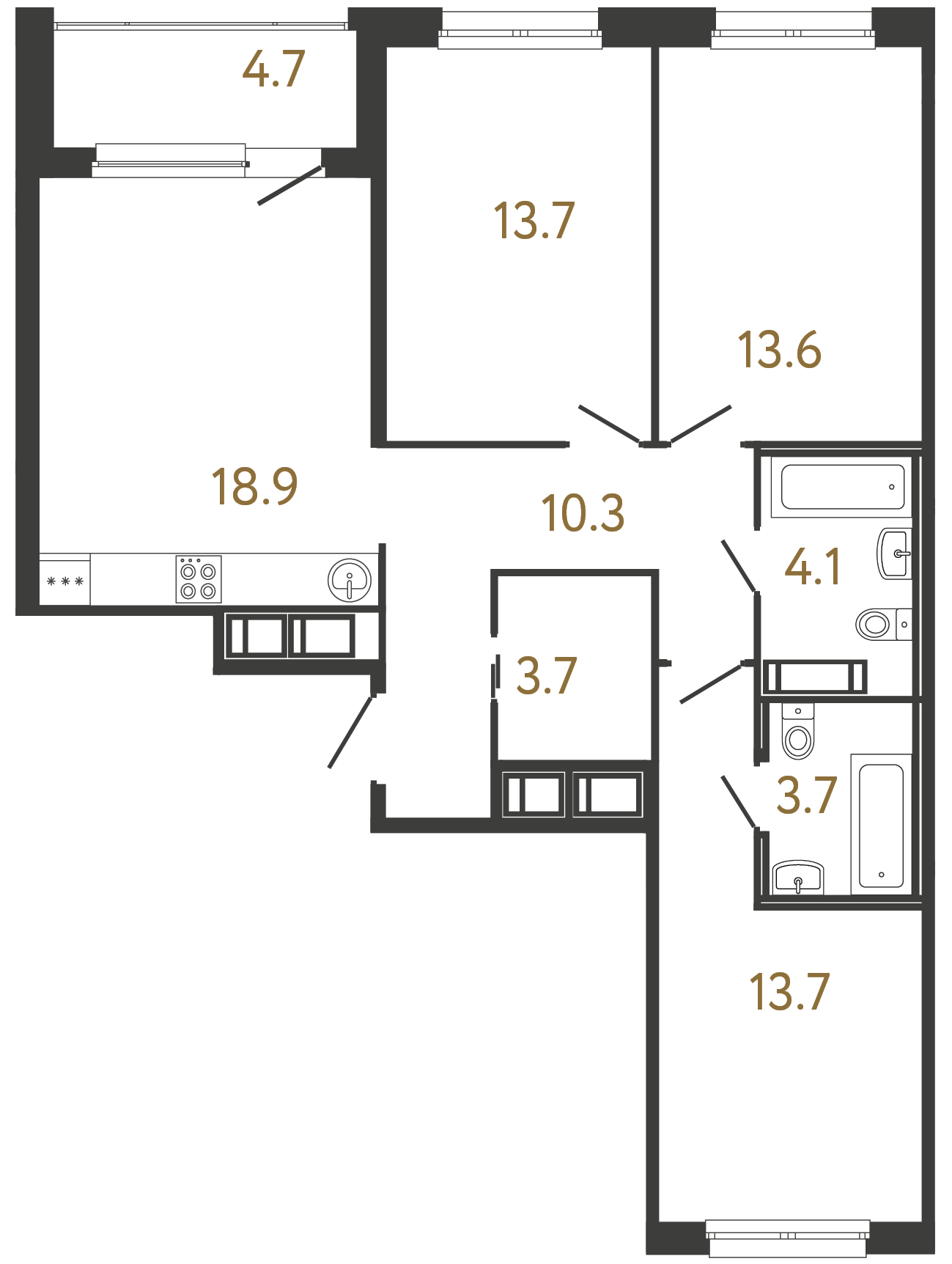 3-комнатная квартира №155 в Передвижники: 81.7 м², этаж 4 - купить в Санкт-Петербурге