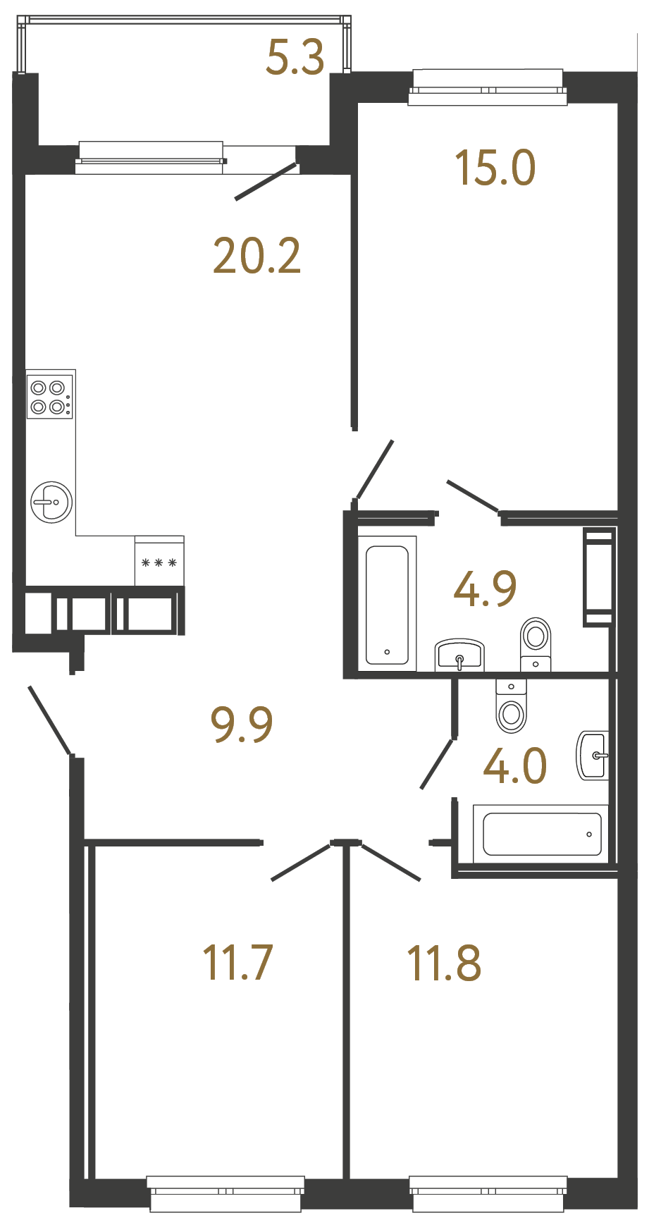 3-комнатная квартира №118 в: Передвижники: 77.5 м²; этаж: 5 - купить в Санкт-Петербурге