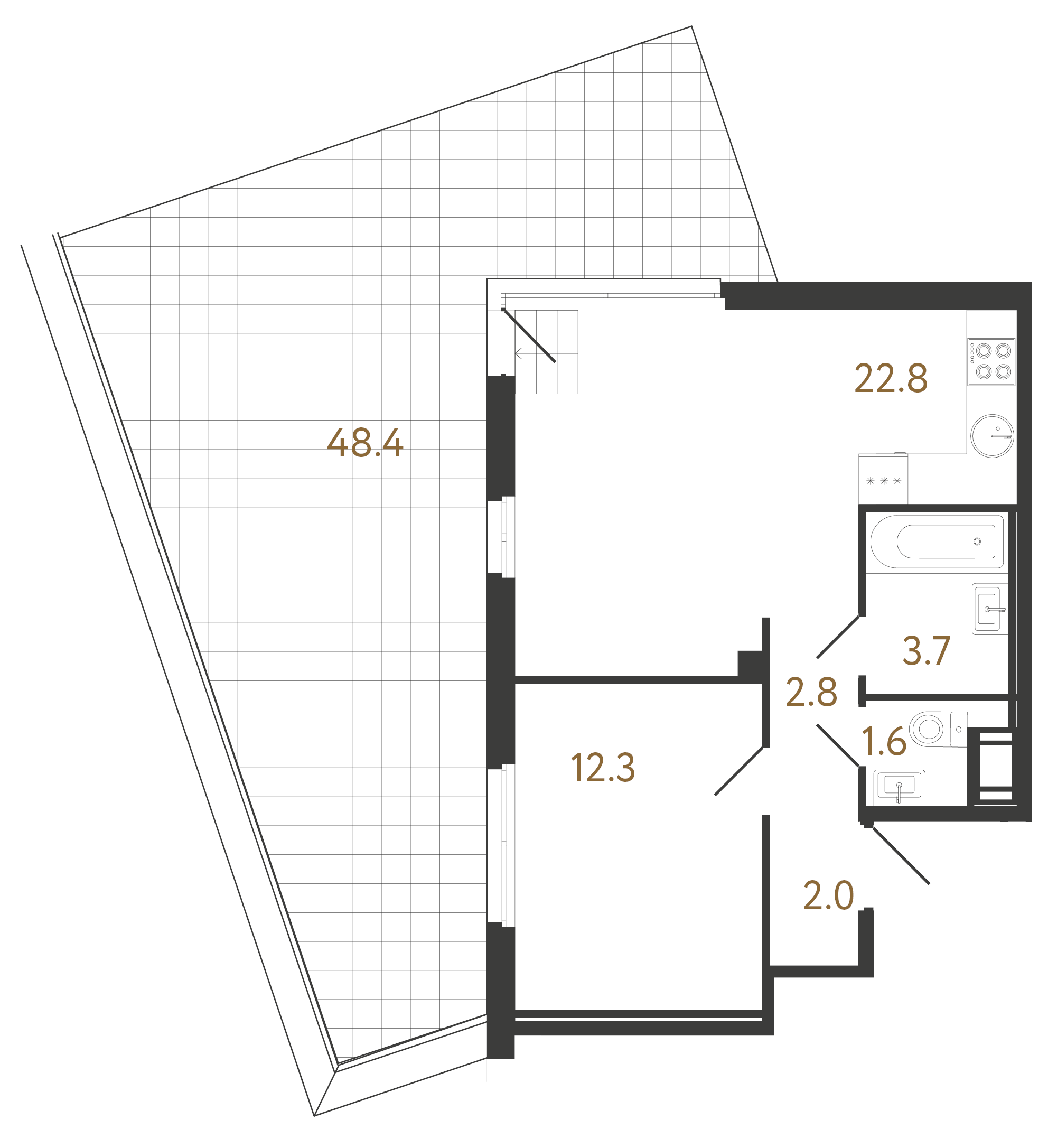 1-комнатная квартира №180 в Литера 1-й корпус: 45.1 м², этаж 9 - купить в Санкт-Петербурге