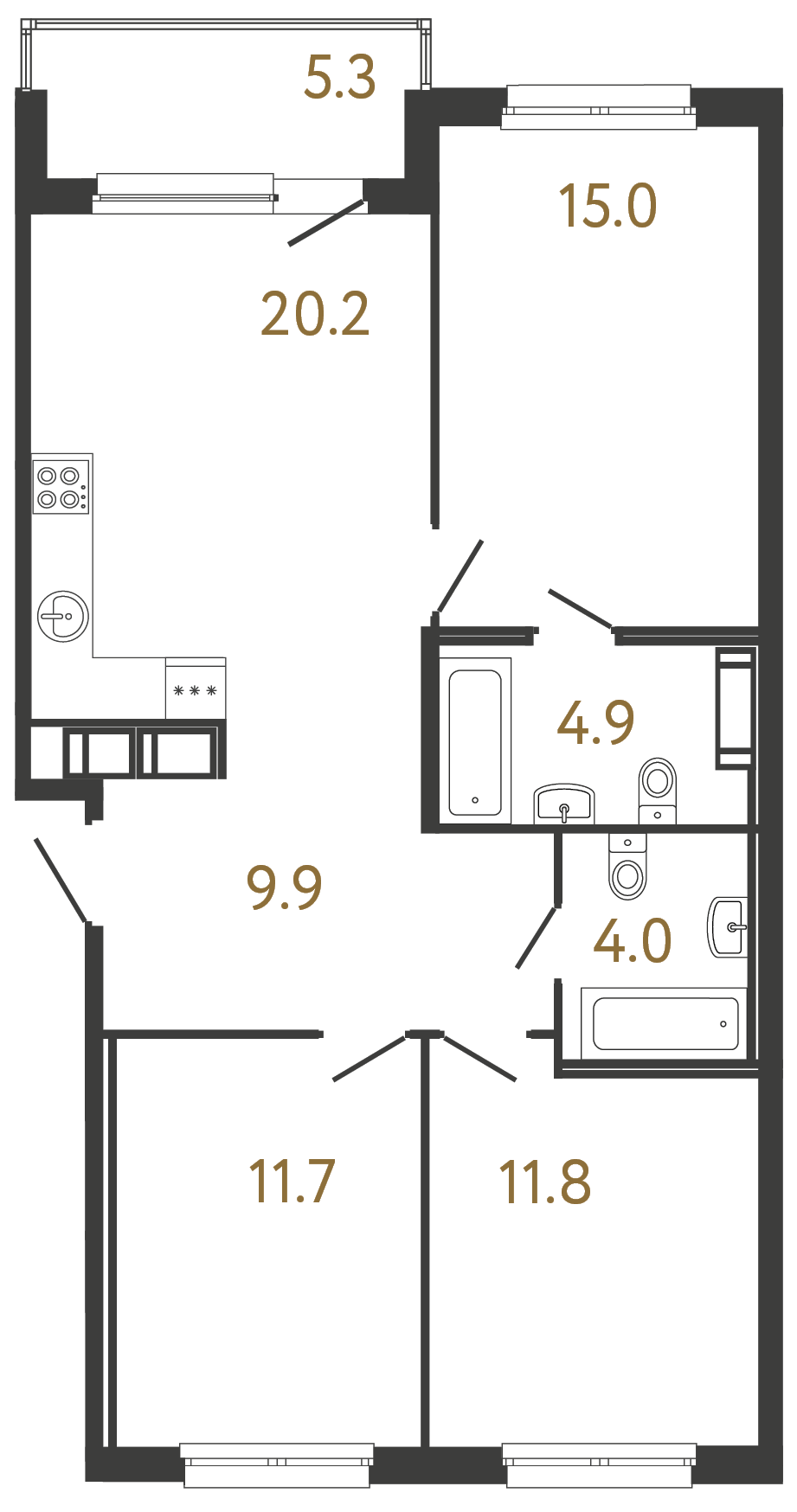 3-комнатная квартира №118 в: Передвижники: 77.5 м²; этаж: 9 - купить в Санкт-Петербурге